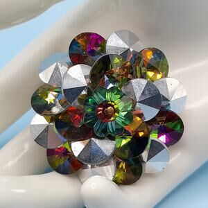 Vintage Margarita Rivoli Multicolor Rhinestone Brooch, 1 3/4 Inches